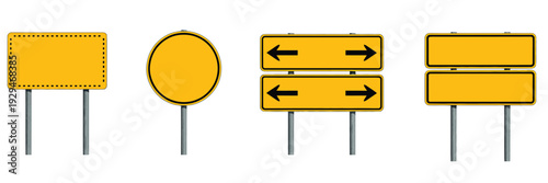 Road traffic sign icon set, includes blank boards and yellow warning signs, vector illustrations for transportation, safety, driving, and urban planning design projects.