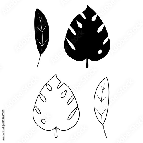 Minimalist botanical leaf icon collection featuring tropical and natural plant shapes in clean line and solid silhouette styles. Perfect for branding, logos, packaging, eco design