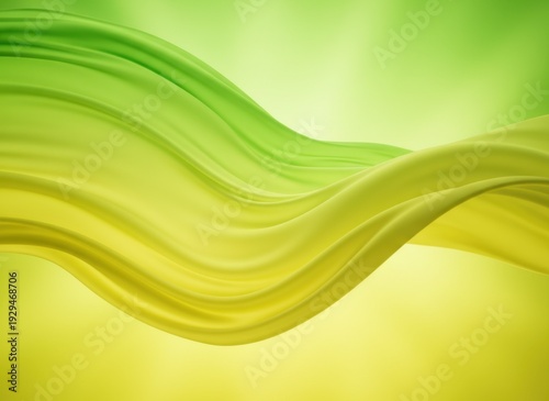 Abstract flowing green and yellow waves of smooth fabric or silk material with subtle sunbeam light effect on a soft gradient background