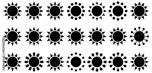 Set of 20 Black Sun Icons – Minimal Sunburst and Solar Symbols in Vector Style