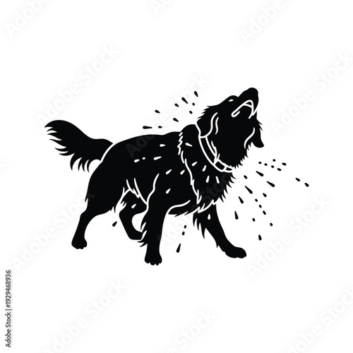 Dog silhouette howling wearing collar splashing water from mouth playful energetic animal motion dynamic character happy