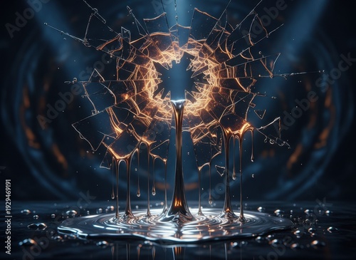 Abstract swirling golden particles form a radiant ring with dark liquid dripping into a reflective pool under dramatic blue lighting