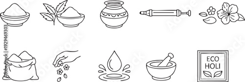 A diverse set of black and white line art illustrations showcasing traditional and eco-friendly elements crucial for celebrating the colorful indian festival of Holi.