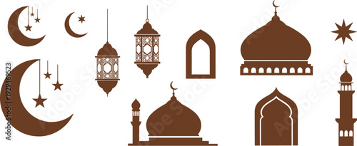 PrintIslamic Ramadan Kareem Silhouette Vector Set with Mosque, Crescent Moon, Lantern, Minaret, Star, and Arabic Architecture Elements