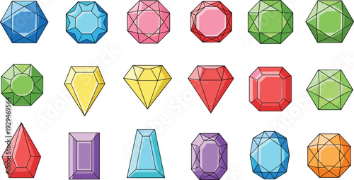 Colorful Gemstone Collection with Faceted Diamonds Rubies Emeralds and Crystals Flat Vector Illustration Set