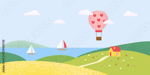 Romantic hot air balloon over peaceful rural spring landscape flat vector illustration