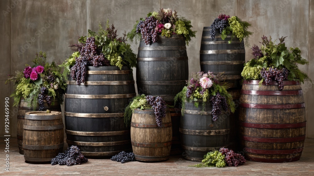 Fototapeta premium Rustic barrels filled with vibrant grapes and lush greenery arranged aesthetically for a charming vintage decor setup