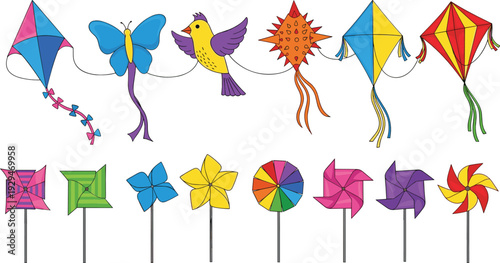 Colorful Kites and Pinwheels Collection with Butterfly Bird and Geometric Shapes Flat Vector Illustration Set