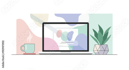 Modern Laptop Workspace Illustration with Coffee Cup and Potted Plant in Pastel Abstract Style