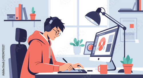 Young man wearing headphones and glasses working on a computer with a drawing tablet at a desk