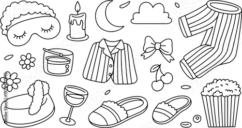 Girls Night Pajama Party Black and White Outline Vector Doodle Set.