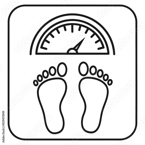 Weight Scale Icon with Feet Prints Representing Body Mass Monitoring | Measurement Symbol for Diet Progress Healthcare Fitness and Wellness Line Art Illustration | Minimalist Bathroom Scale Vector