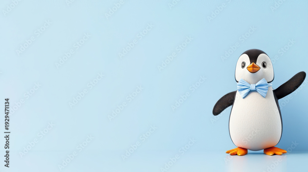 Obraz premium Cute cartoon penguin wearing blue bow tie, standing against light blue background, exuding cheerful and playful vibe