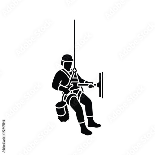 Window cleaner silhouette rappelling down building facade using squeegee professional high rise exterior maintenance service