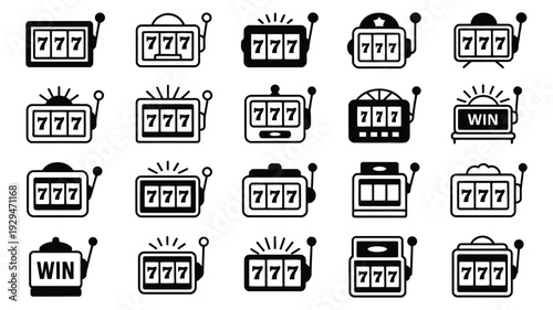 Slot Machine Icon monochrome casino slot machine, triple seven symbols, winning jackpot design, gambling and gaming vector illustration.