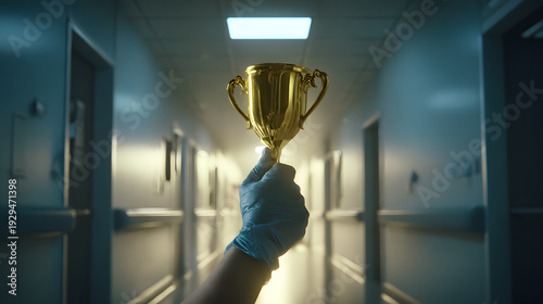A golden trophy is raised by a gloved hand in a hospital hallway to celebrate the dedication and hard work of healthcare heroes during challenging times, a triumphant moment.