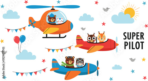 Cute Animal Pilots in Airplanes and Helicopter Super Pilot Cartoon Flat Vector Illustration Set