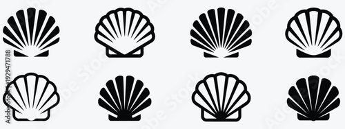 Shell icon set, seashell vector illustrations including conch, scallop, and clam designs, perfect for beach, marine, nautical, and ocean themed creative projects.