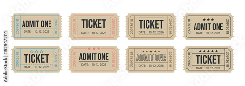 Set of vintage admit one ticket templates with perforated edges, serial numbers, and classic typography. Retro flat vector design isolated on light background