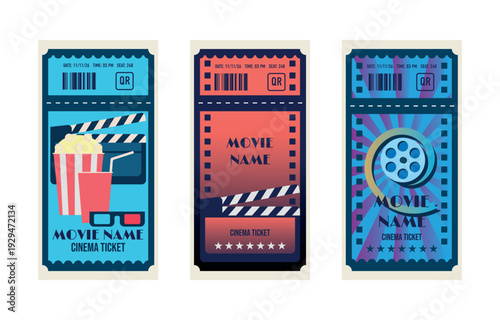 Set of colorful cinema ticket templates with popcorn, clapperboard, film reel, barcode, and QR code elements.