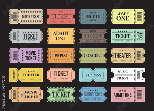 Event admission, entrance pass set. Vector set of admit one tickets template. 