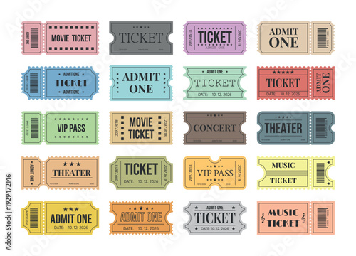 Vector set of admit one tickets template. Event admission, entrance pass set.