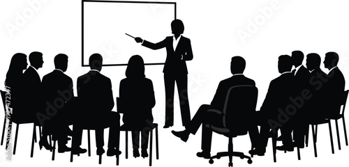 Black silhouette of a female professional leading a corporate seminar presentation for a seated business audience group
