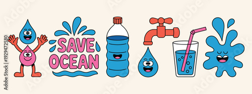 Eco Sticker Icon colorful cartoon ocean conservation sticker, retro groovy style, water and environmental protection theme, sustainable and bio-friendly vector illustration.