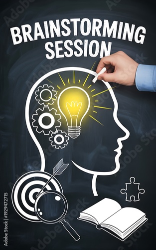 Brainstorming session with lightbulb gears and book on chalkboard