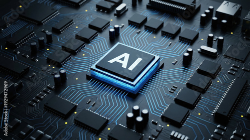 Artificial intelligence processor chip glowing on a dark circuit board representing future technology and computing power.
