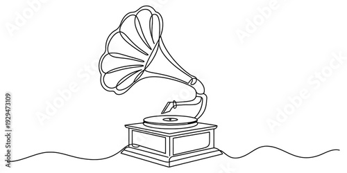 A continuous line drawing illustration of a vintage gramophone with a large horn on a white background Vector, illustration