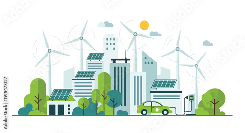 Modern Sustainable City Vector Illustration with Wind Turbines Solar Panels and Electric Car Charging