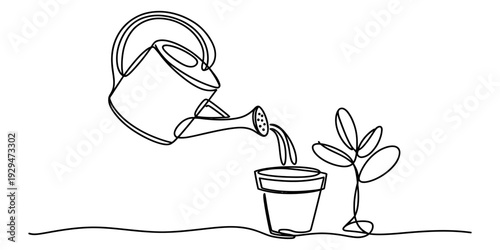 A continuous line art drawing illustrating a watering can pouring water onto a small potted plant Vector, illustration