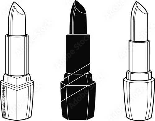 Stylized lipstick vector set with black and white outlines and bold solid design, perfect for cosmetics branding, fashion, beauty, and makeup graphics