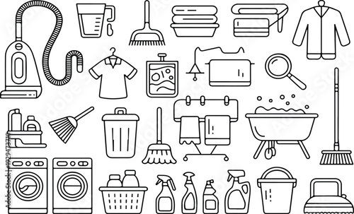 Hand Drawn Laundry and Cleaning Doodle Vector Set with Washing Machine Clothes Ironing Board and Home Utility Items