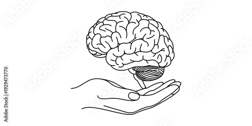 A line art illustration of a human brain being carefully held in the palm of a hand Vector, illustration