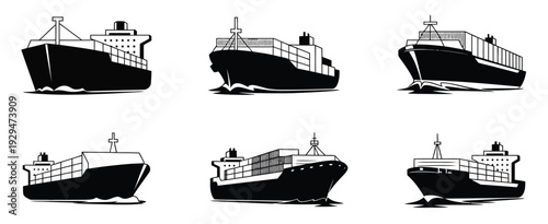 Silhouette cargo ship vector pack, includes multiple vessel angles, perfect for logistics, shipping, import-export, marine transport, and maritime business creative projects.