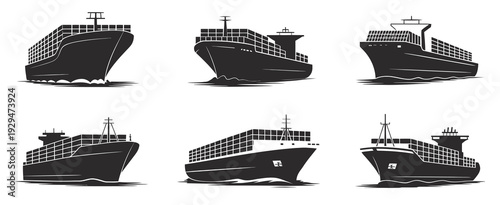 Cargo ships silhouette vector collection, multiple angles of vessels for logistics, shipping, import-export, marine transport, and freight related illustration and design projects.