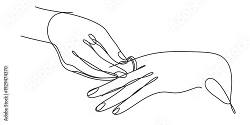 A simple black and white line drawing of a person putting a ring on someone's finger. Vector, illustration