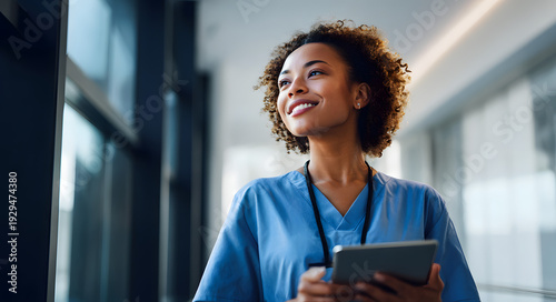 A young African American nurse in blue scrubs holding a tablet and smiling hopefully in a modern hospital corridor.