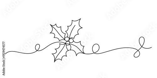 Minimalist black and white line drawing of a holly sprig with berries on a wavy decorative line Vector, illustration