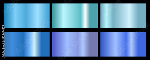 A set of blue metallic gradients on a black background. Metallic gradient effects for the design of text and bulletin boards, infographics. Metal banner. Vector EPS 10.