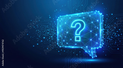 Digital customer support concept with glowing question mark in a speech bubble on a blue circuit background.