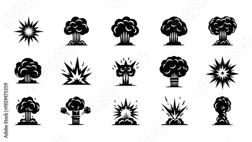 Explosion and Detonation Icon Set – Hazard, Blast, and Safety Line & Glyph Symbols