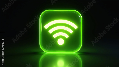 A neon green Wi‑Fi symbol glows against a dark background, its rounded square frame radiating crisp digital clarity and a sense of connectivity, signal strength, and modern wireless communication.
