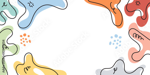 Modern abstract pastel background featuring organic blob shapes, hand drawn doodle lines, and minimal flat design elements.