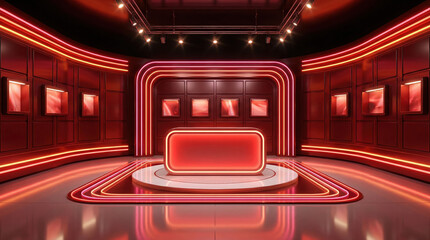 Modern virtual news studio set with red neon lighting and professional broadcast background for television production.