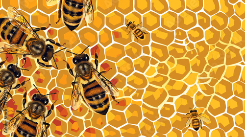 Artistic depiction of bees in a beehive, featuring honeycombs and buzzing insect life