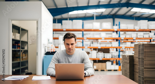 Focused entrepreneur managing online store logistics from warehouse office, utilizing laptop for inventory control and order fulfillment, showcasing efficient ecommerce operations.