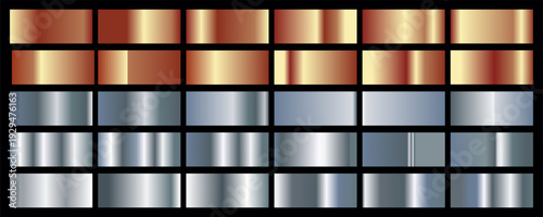 Silver and orange bronze glossy gradient, metal foil texture. Color swatch set. Collection of high quality vector gradients. Shiny metallic background. Design element.